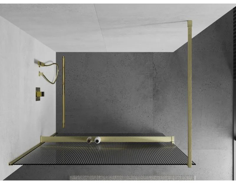 Mexen Kioto+, sprchová zástena Walk-In s poličkou a vešiakom 120 x 200 cm, 8mm sklo s rebrovým vzorom, zlatý matný profil, 800-120-121-55-09