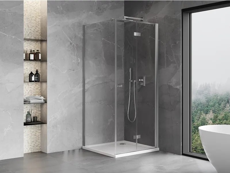 Mexen Mist-F T, 1-krídlový skladací sprchový kút pravý 80 x 80 cm, číre sklo, chrómový profil, 8A6T-080-080-01-00-P
