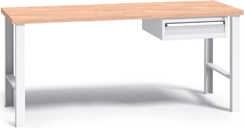 Pracovný stôl do dielne G3 so závesným boxom na náradie, buková škárovka, 1 zásuvka, pevné kovové nohy, 1700 mm, sivá