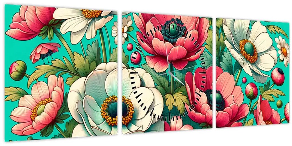 Obraz - Kvety na modrom pozadí (s hodinami) (90x30 cm)