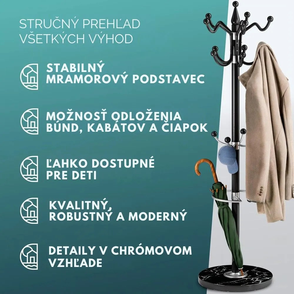 Stojanový vešiak TENZY s mramorovým podstavcom, 37x173cm, čierna Casaria