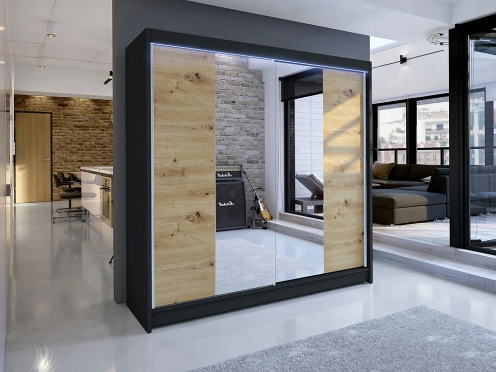 Šatníková skriňa s posuvnými dverami Bar II, Farby: biely / dub artisan, Osvetlenie: osvetlenie LED RGB - farebné