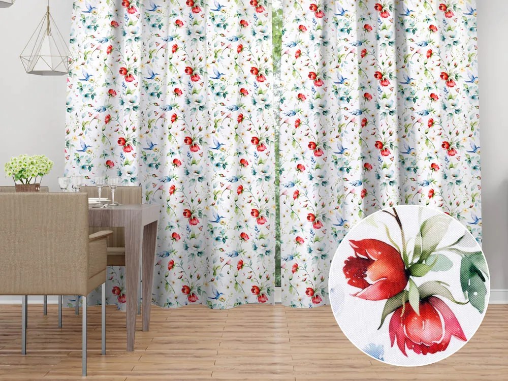 Biante Dekoračný záves TF-116 Akvarelové kvety s kolibríkmi na bielom 140x210 cm