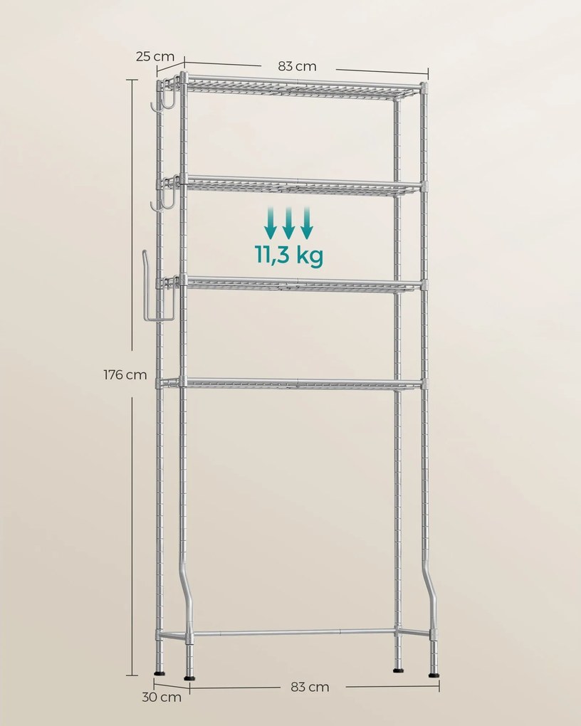 4-úrovňová kúpeľňový regál, stojan nad práčku, sivý