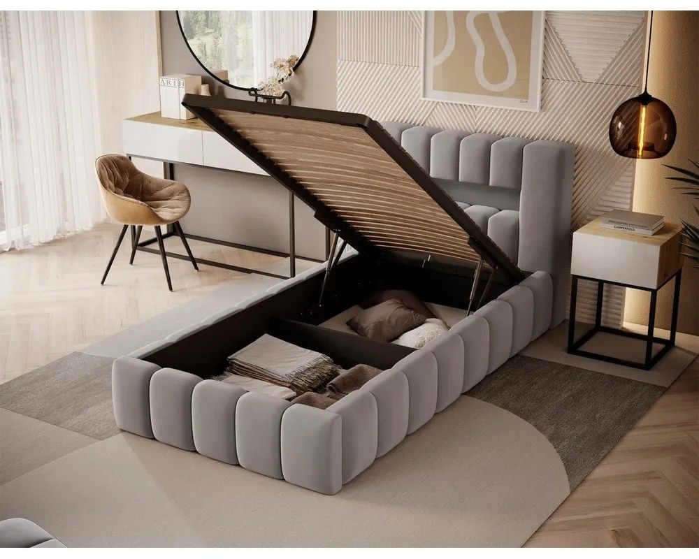 Sivá čalúnená jednolôžková posteľ s úložným priestorom s roštom 90x200 cm Lamica – ELTAP