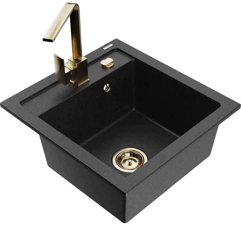 Mexen Vito, 1-komorový granitový drez 520x490x210 mm, zlatá batéria Rita, čierna-strieborná metalíza, 6503-73-670300-50