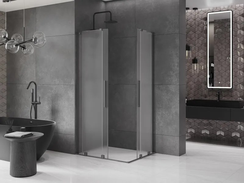 Mexen Velar L Duo, sprchový kút s posuvnými dverami 90 x 80 cm, 8mm sklo námraza, brúsený grafit, 871-090-080-02-33-95
