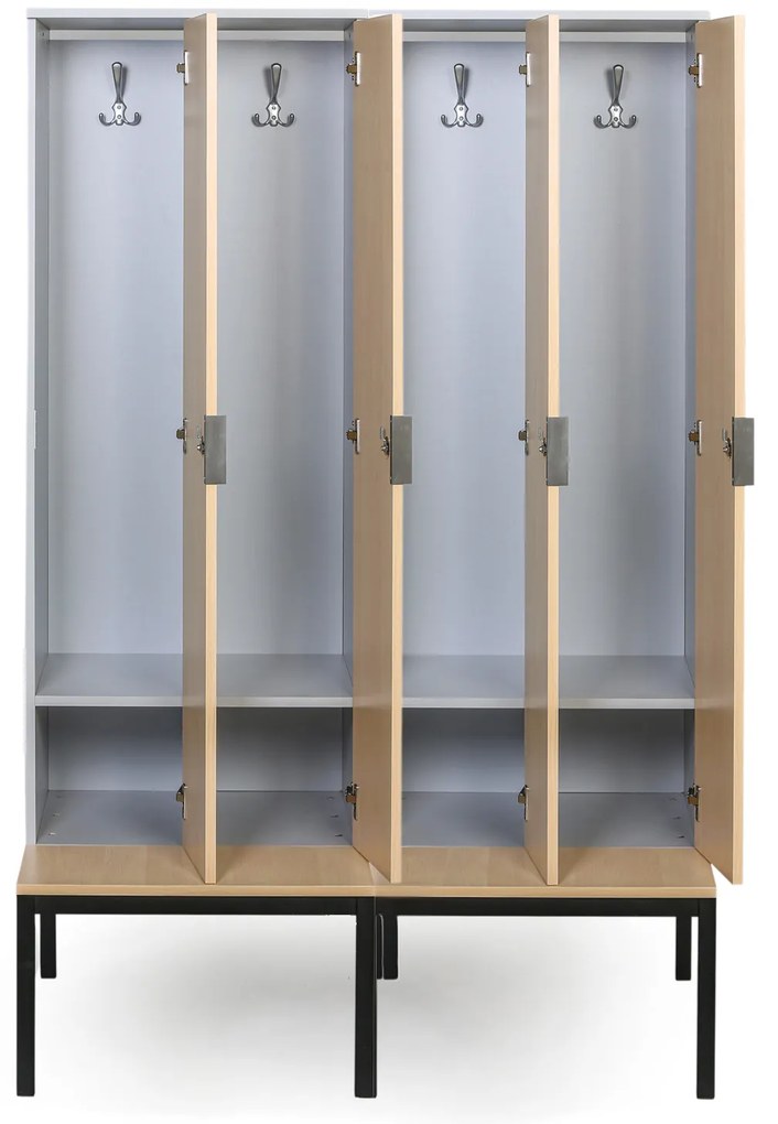 Drevená šatníková skrinka S4 s lavičkou, 4 oddiely, 1871 x 1200 x 500/800 mm, demont, kódový zámok, sivá/breza