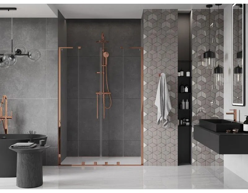 Mexen Velar L Duo, posuvné sprchové dvere do otvoru 160 cm, 8mm číre sklo, ružové zlato, 871-160-003-02-60