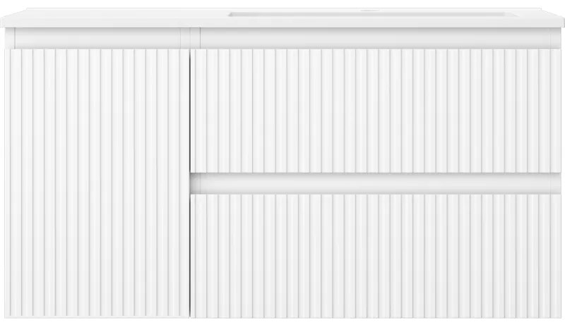 Mexen Rivel, kúpeľňová skrinka 90 cm s pravým umývadlom Otis, 2S, 1D, drážkovaná, biela matná, 91A23-09047-3-BBFFF01-W18P01