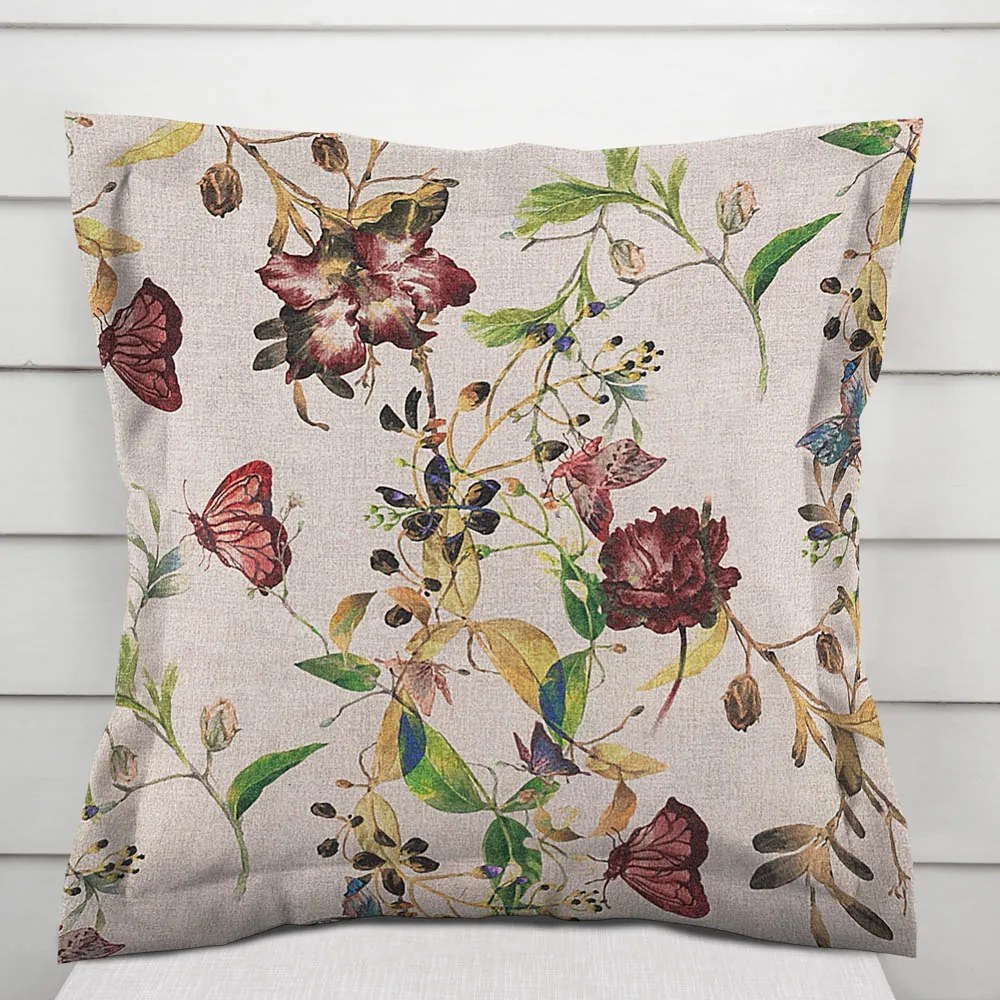 Biante Dekoračná obliečka na vankúš s lemom PML-083 Kvety a motýle na béžovom 45 x 45 cm