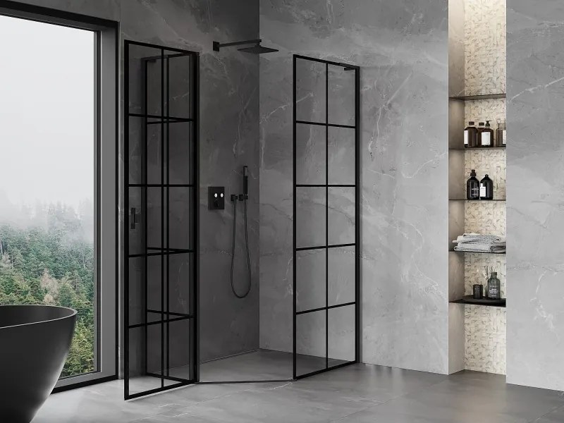 Mexen Mist L, päťuholníkový sprchový kút s krídlovými dverami, 80 x 100 cm, 8mm číre sklo, čierny profil, 8A8L-080-100-70-77-L