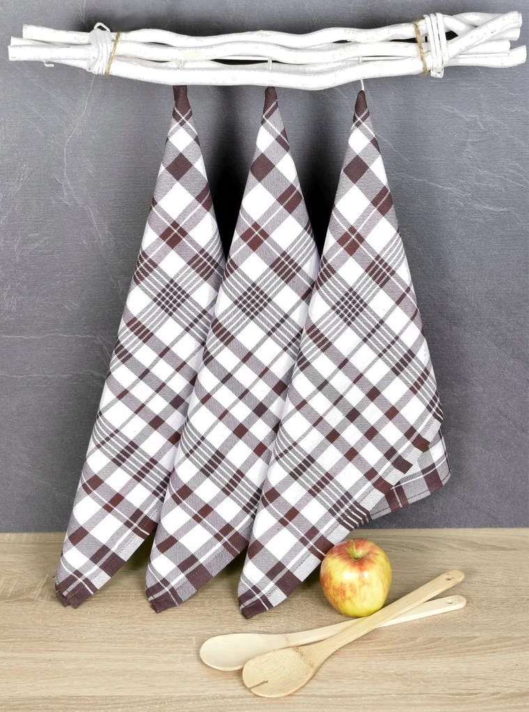 Luxusné kuchynské utierky Karo hnedá egyptská bavlna 50x70 cm set 3 ks