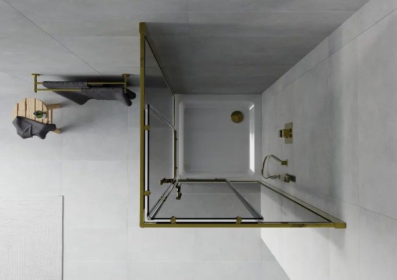 Mexen Rio, štvorcový sprchovací kút s posuvnými dverami 90(dvere) x 90(dvere) x 190 cm, 6mm šedé sklo, zlatý profil + biela sprchová vanička SLIM, 860-090-090-50-40-4010G