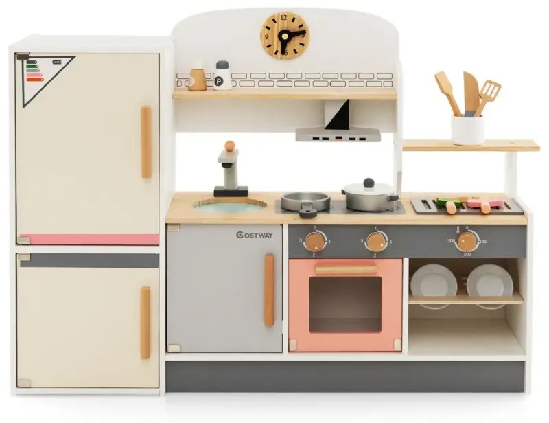 Detská kuchynka z dreva s odsávačom pár, chladničkou, vodovodným kohútikom a kuchynským náradím