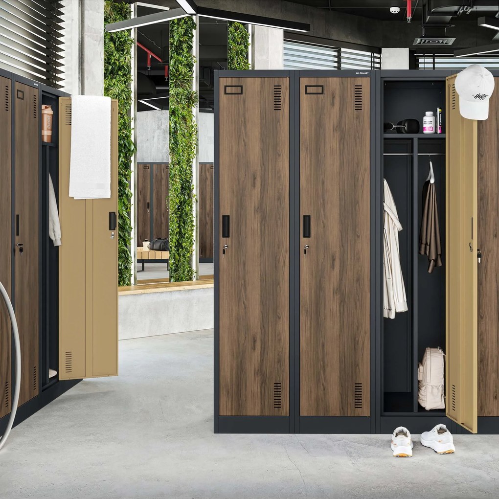 Kovová šatňová dvojmodulová skriňa na sokli s policou KACPER, 800 x 1800 x 500 mm, Eco Design: antracitová/ orech