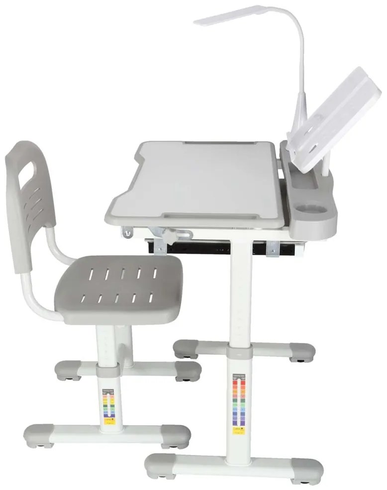 Detský písací stôl so zásuvkou stolička lampa šedá