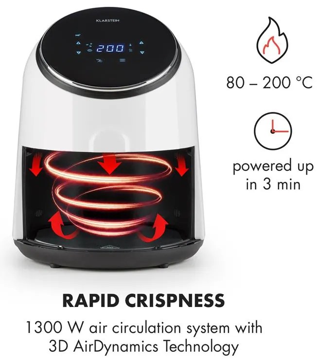 Klarstein AirVital, teplovzdušná fritéza, 1300 W, 2,5 l, nepriľnavý povrch CeraPlus, dotykové ovládanie, biela