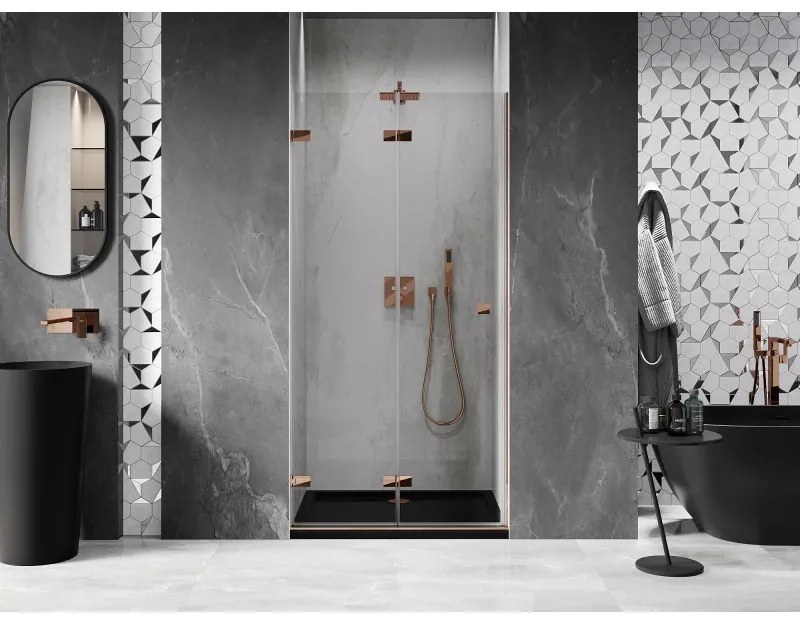 Mexen Lunar-F, skladacie ľavé sprchové dvere 85 cm, 8mm číre sklo, ružové zlato profil, 836-085-000-60-00-L