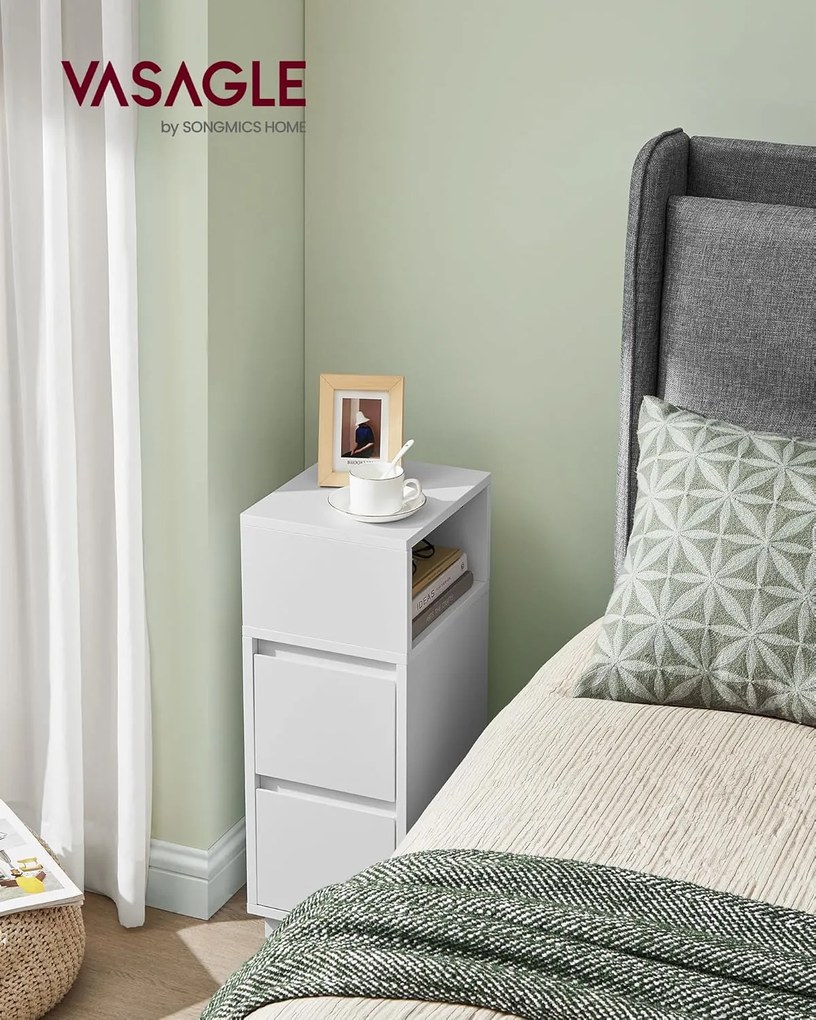 Úzky nočný stolík, malá úzka skrinka s 2 zásuvkami, biela