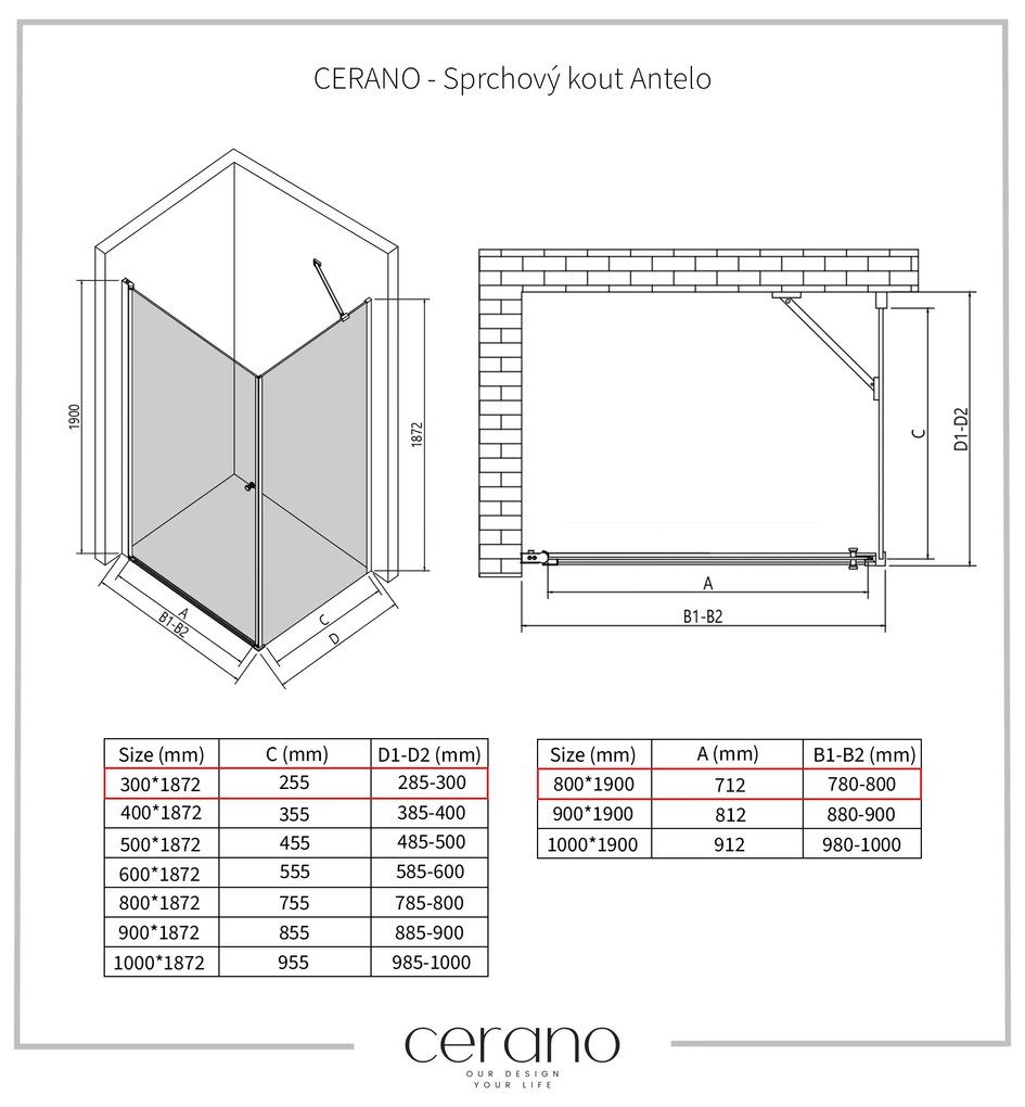 Cerano Antelo, 1-krídlový sprchovací kút 80(dvere) x 30(stena) x 190 cm, 6mm číre sklo, chrómový profil, CER-CER-477392