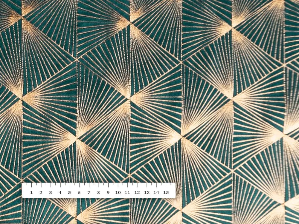 Biante Zamatový behúň na stôl Isabela IBL-008 Rose Gold trojuholníky na petrolejovom 20x120 cm