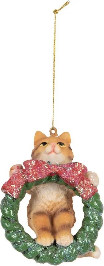 Závesná dekorácia mačička na zelenom venčeku - 6*5*9 cm