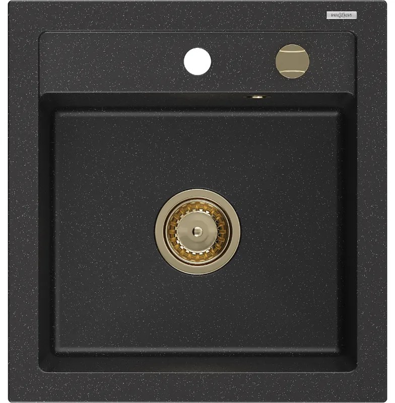 Mexen Vito, granitový drez 520x490x210 mm, 1-komorový, čierna-strieborná metalíza so zlatým sifónom, 6503521000-73-G
