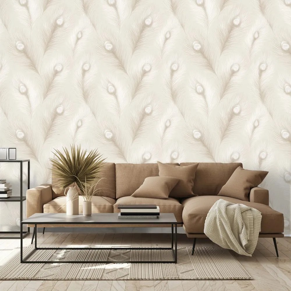 Samolepiaca tapeta béžové pávie perie v glamour štýle