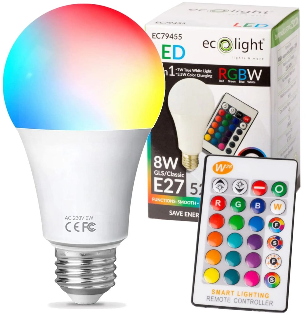 ECOLIGHT LED žiarovka E27 - 8W - RGB+NW + diaľkový ovládač