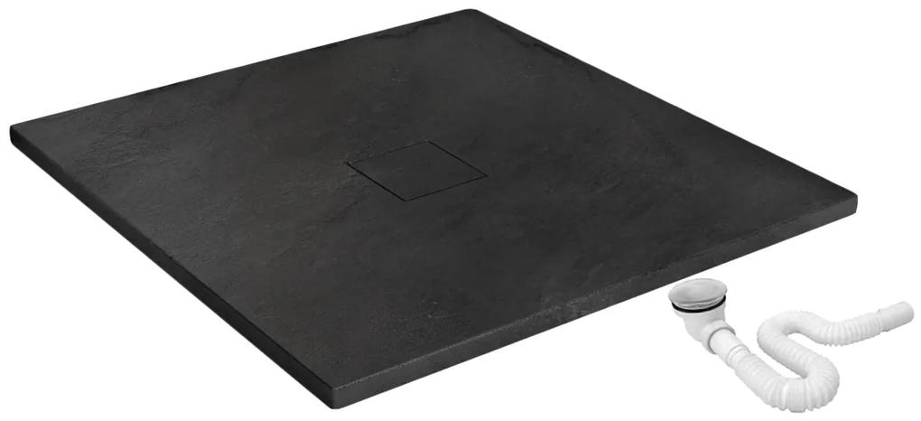 Rea Black Stone, sprchová vanička z minerálneho kameňa 80 x 120 x 3,5 cm + sifón, čierna, REA-K9602