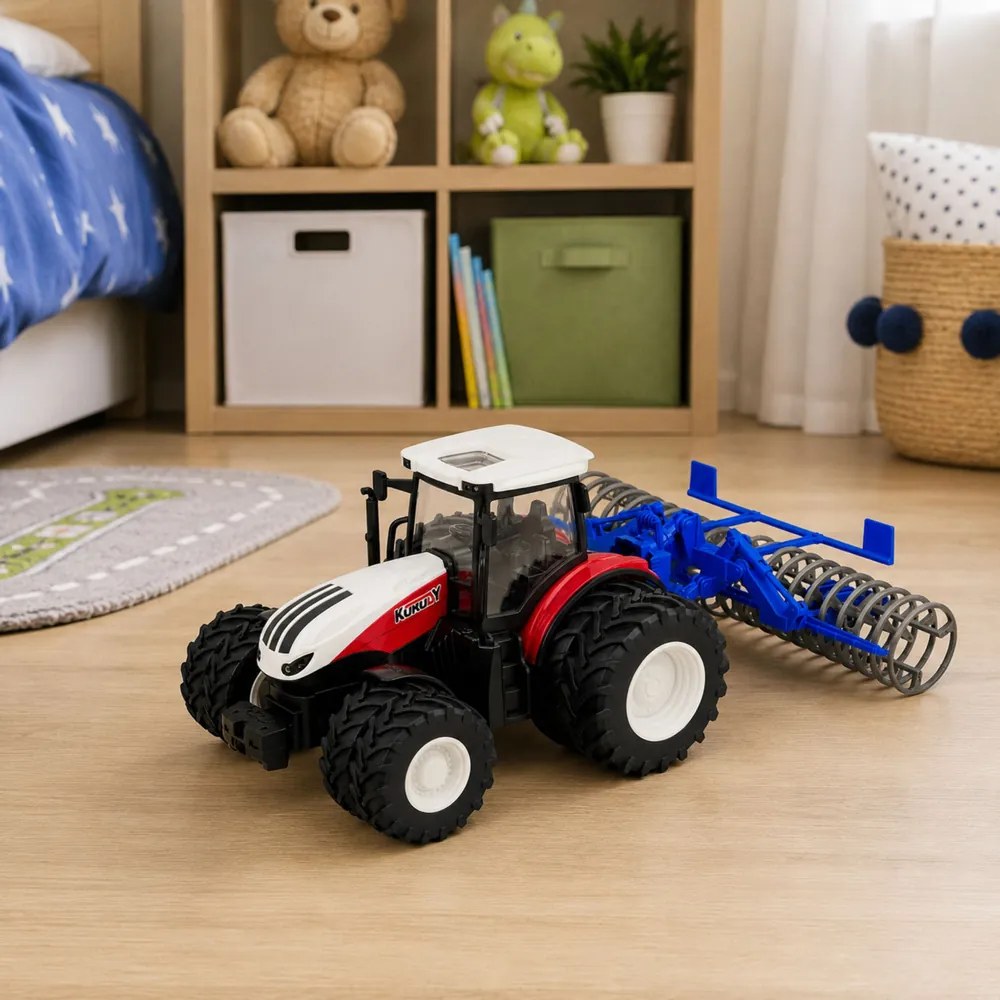 LEAN Toys Traktor s poľnohospodárskym valcom, diaľkovo ovládaný RC, červené svetlá, mierka 1:24