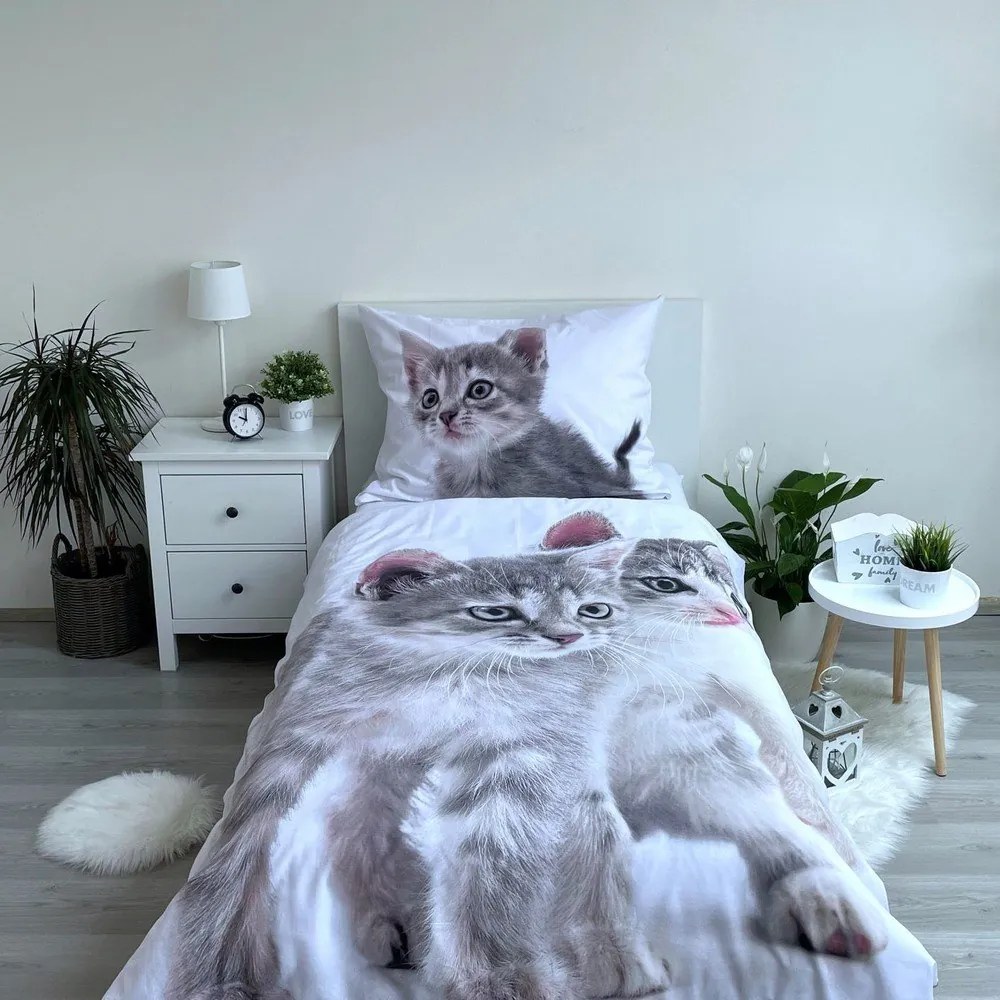 Bielo-sivé bavlnené detské obliečky na jednolôžko 140x200 cm Kitten "Grey" – Jerry Fabrics