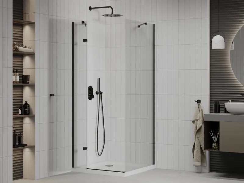 Mexen Roma, sprchovací kút s 1-krídlovými dverami 70 (dvere) x 80 (stena) cm, 6mm číre sklo, čierny profil, slim sprchová vanička 5cm biela s čiernym sifónom, 854-070-080-70-00-4010B