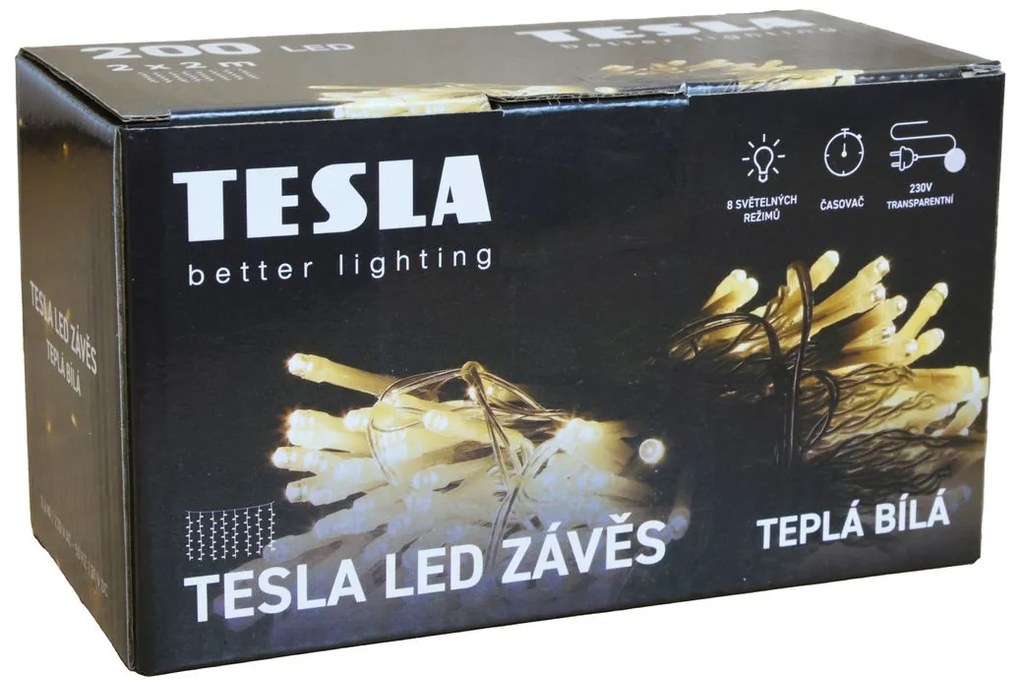 Tesla LED svetelný záves, 2 × 2 m, teplá biela