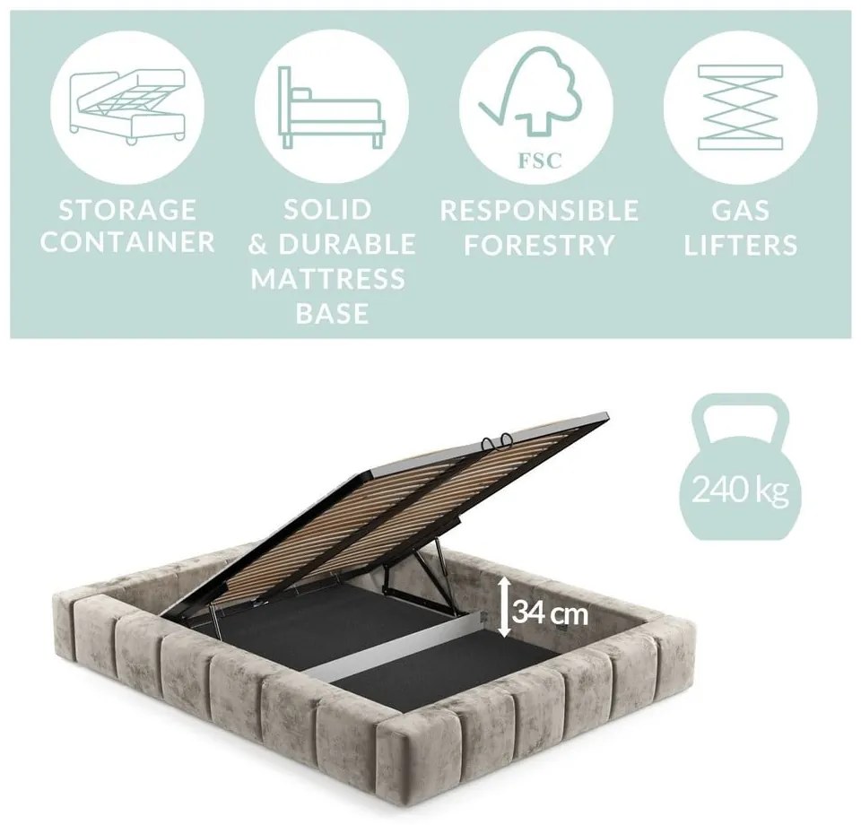 Béžová čalúnená dvojlôžková posteľ s úložným priestorom s roštom 180x200 cm Aruba L – Maison de Rêve