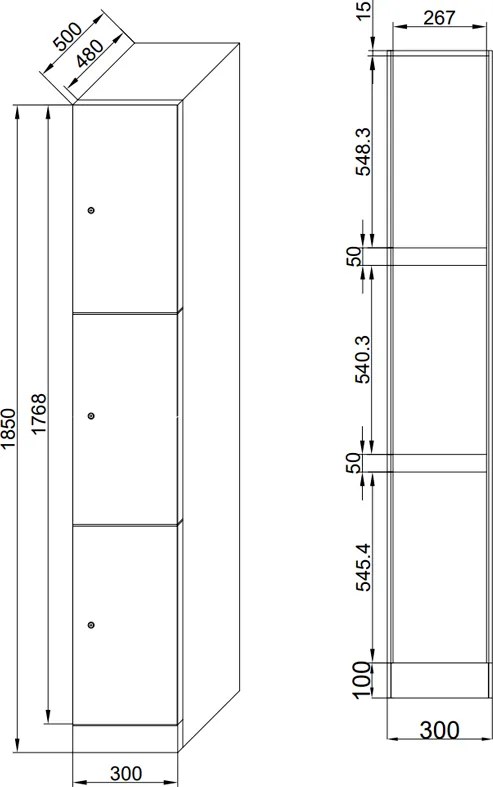 Šatníková skrinka S1 s úložnými boxmi, 3 boxy, 1850 x 300 x 500 mm, cylindrický zámok, laminované dvere, breza