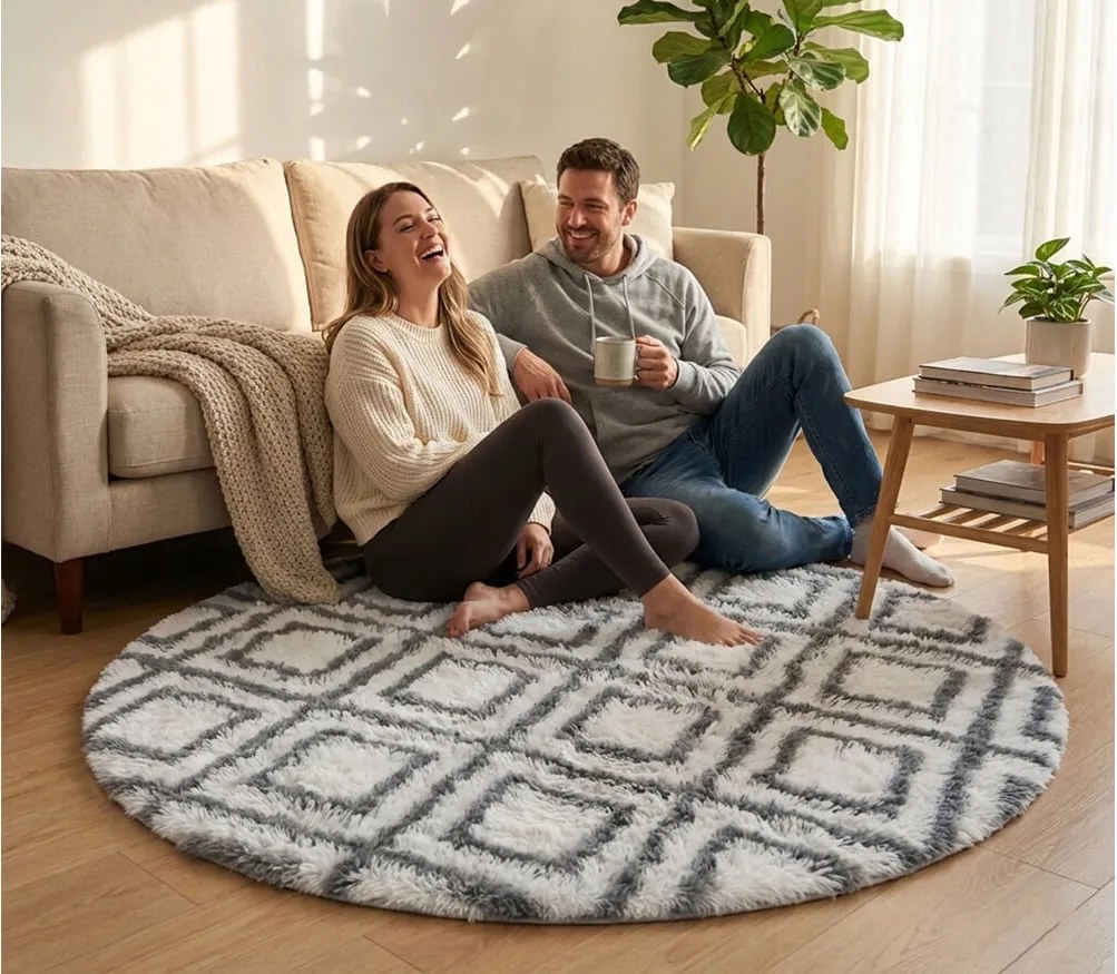 TZ Biely okrúhly vzorovaný koberec shaggy Decor Cube Rozmer: 140 cm