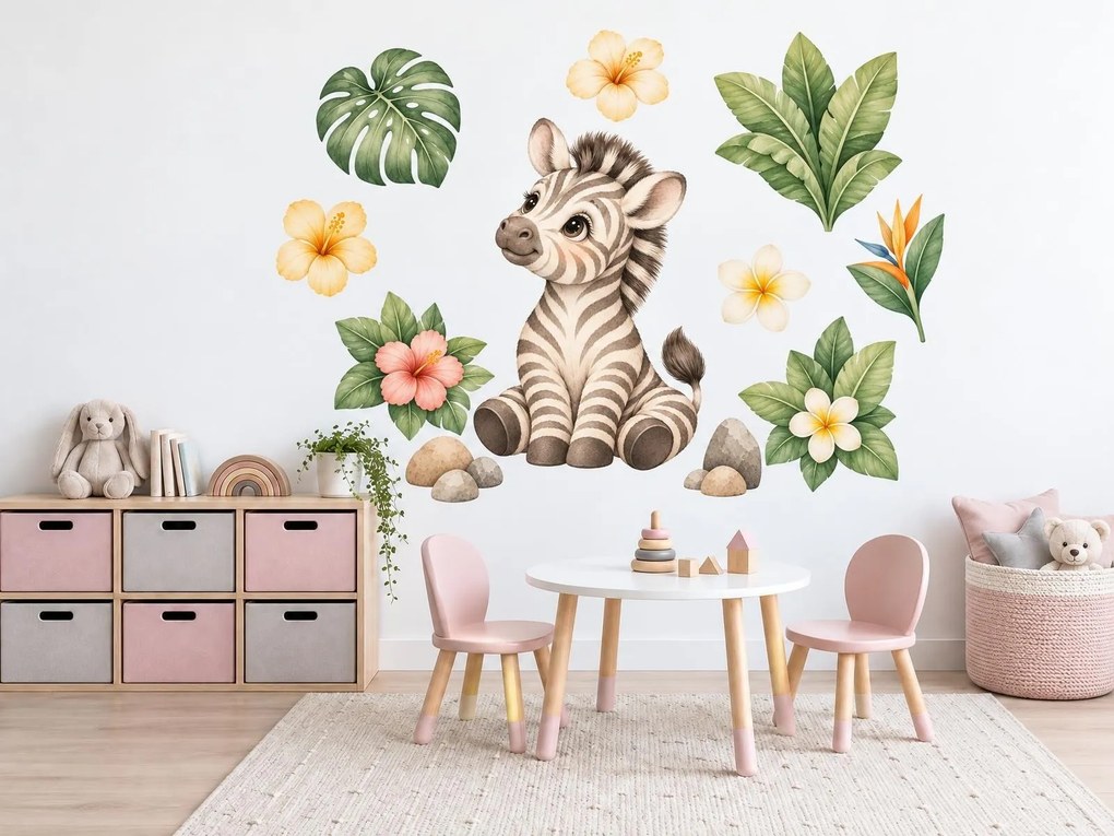 Malá zebra mezi tropickými květy arch 122 x 184 cm