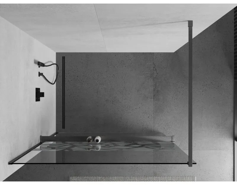 Mexen Kioto+, sprchová zástena Walk-In s poličkou a vešiakom 120 x 200 cm, 8mm číre sklo biely vzor, grafitový profil, 800-120-121-66-85