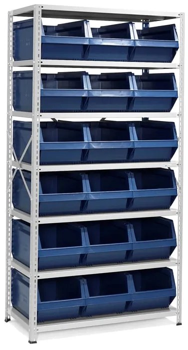 Regál POWER s 18 modrými plastovými boxami série 9000, 1970x1000x500 mm