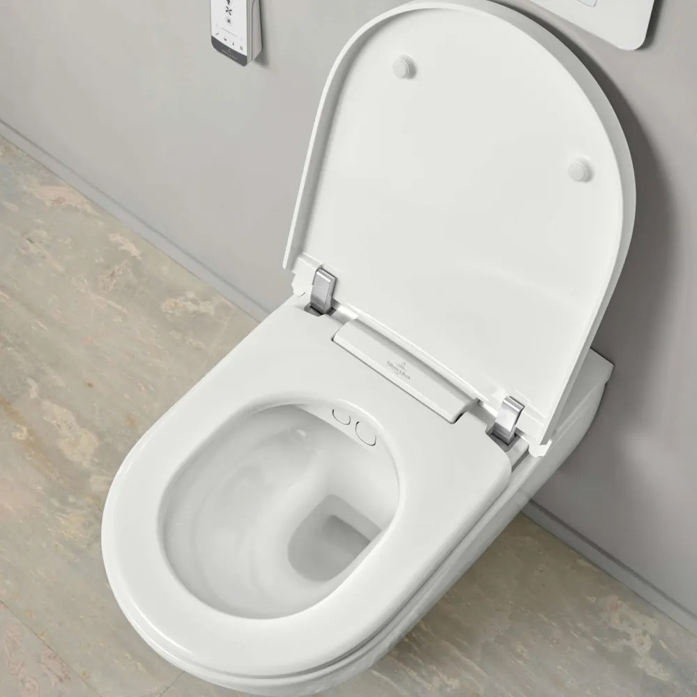 VILLEROY &amp; BOCH ViClean-I 100 elektronický bidet s keramikou, s hlbokým splachovaním bez vnútorného okraja, 385 x 595 mm, biela alpská, s povrchom CeramicPlus, V0E200R1