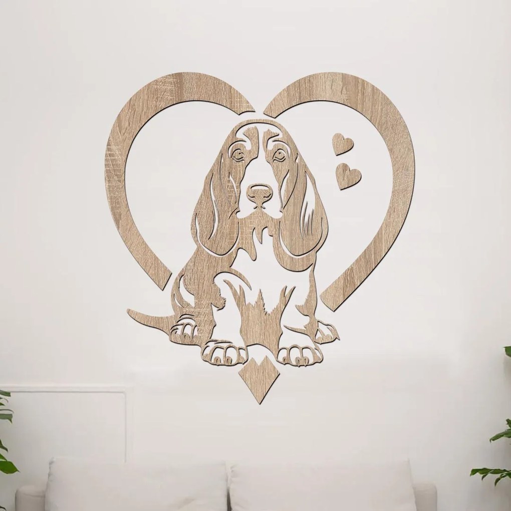 dřevo života Drevená samolepka psa Basset hound v srdci Rozmery - cm: 75x80, Zvoľte farbu dekoru: Wenge