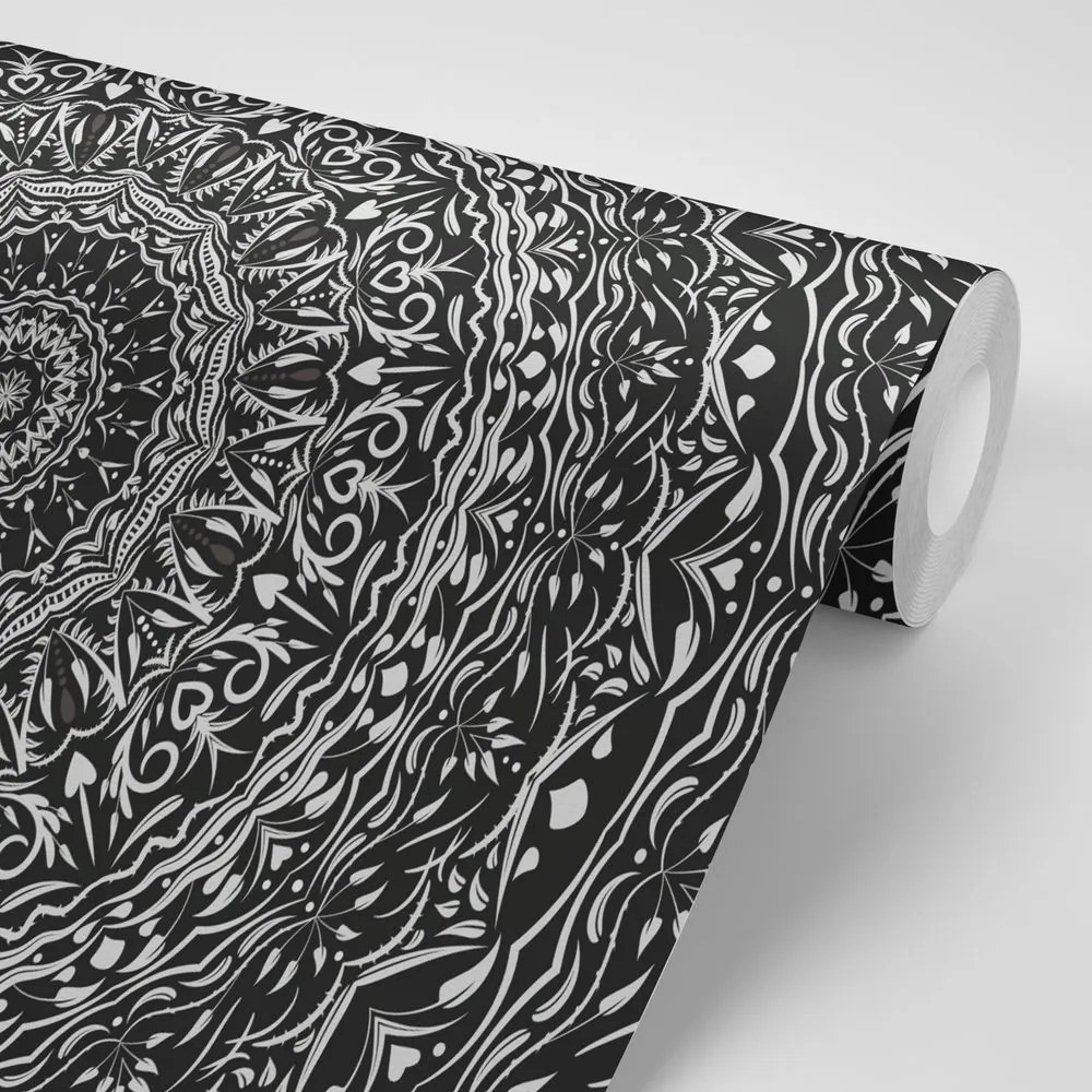 Samolepiaca tapeta Mandala vo vintage štýle v čiernobielom - 300x200