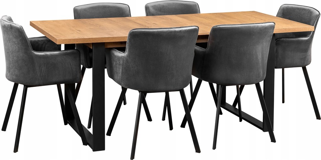 Industriálny Set Rozkladací Stôl 6 Stoličiek 150x80 Čierny/dub Lefkas
