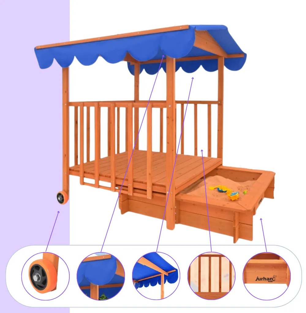Pieskovisko s verandou HAPPY, 130x130x143 cm, hnedá/modrá Jurhan