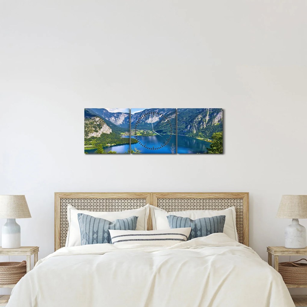 Obraz - Halštatské jazero, Hallstatt, Rakúsko (s hodinami) (90x30 cm)