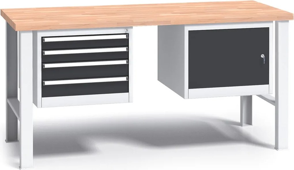 Pracovný stôl do dielne G3 so závesným boxom a skrinkou na náradie, buková škárovka, 4 zásuvky, pevné kovové nohy, 1700 mm, grafit