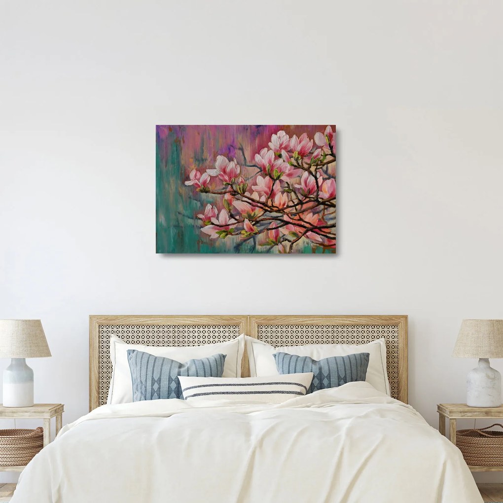 Sklenený obraz - Olejomaľba, Rozkvitnutá sakura (70x50 cm)