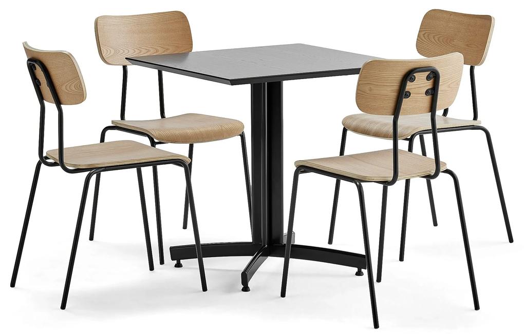 Jedálenská zostava: Stôl Sanna, čierny + 4 popolavé stoličky Reno
